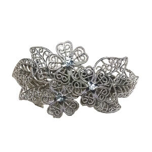 Filigree Silver Tone Rhinestone Hair Barrette Tension Clip Floral Leaves